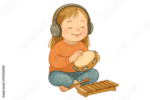Young girl playing percussion instruments tambourine and xylophone while wearing headphones