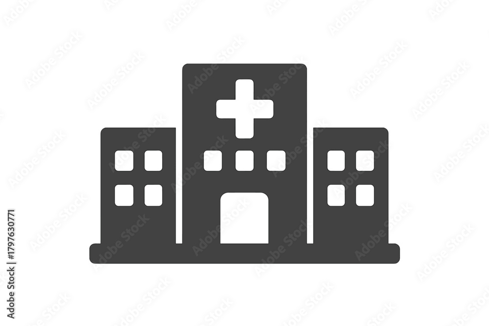 Obraz premium Stylized gray depiction of a modern hospital building featuring a prominent medical cross symbol
