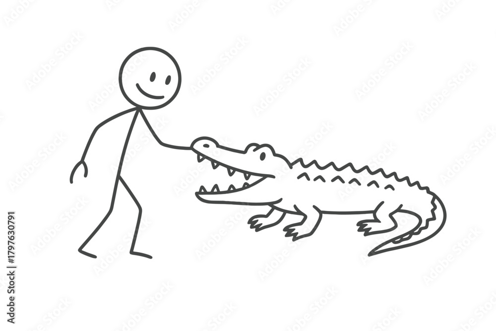Fototapeta premium Stick figure person smiling while gently touching the snout of a large crocodile