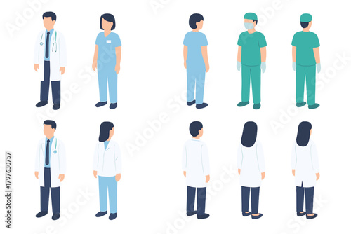 Isometric set of diverse medical staff characters, including doctors, nurses, and surgeons in uniforms