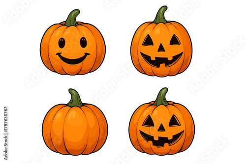 Set of four orange Halloween pumpkins with various carved facial expressions on white background