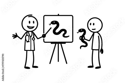 Stick figure doctor presenting snake information on a whiteboard to a patient