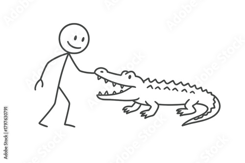 Stick figure person smiling while gently touching the snout of a large crocodile