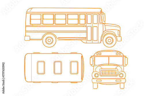 Classic school bus technical drawing showing side, top, and front elevation views