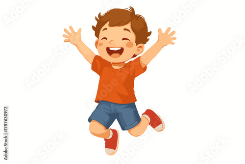 Cheerful young child jumping high in the air with arms up and a big happy smile