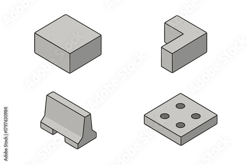 Isometric set of various concrete construction elements including barrier, cube, corner block, and slab