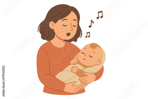 Loving mother singing a gentle lullaby to her sleeping newborn infant wrapped in a blanket
