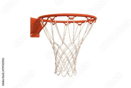 Orange metal basketball hoop with white net isolated on a clean white background