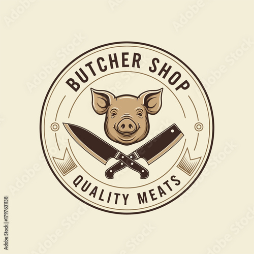 Vintage butcher shop logo with pig head and crossed cleavers.