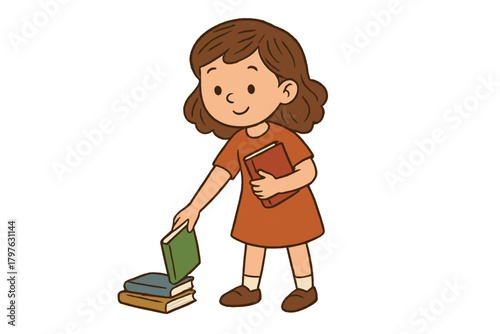 Happy elementary student stacking textbooks for study and reading time