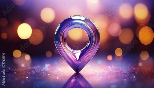 shiny glassy location pin symbol with soft purple background and bokeh lights