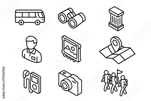 Travel and tourism icons featuring bus, binoculars, map location, camera, and hiking group