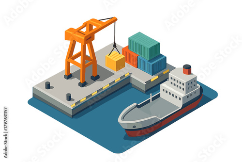 Busy cargo port terminal with crane loading shipping containers onto a freight vessel