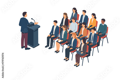 Professional speaker addressing a diverse business audience during a corporate training seminar