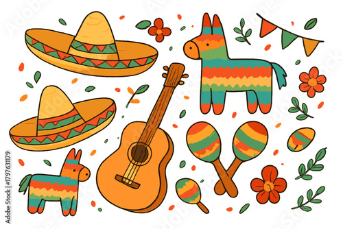 Vibrant set of traditional Mexican fiesta items including sombreros, pinatas, guitar, and maracas