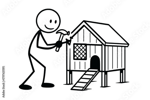 Simple stick figure character hammering a nail into a wooden chicken coop or small pet house