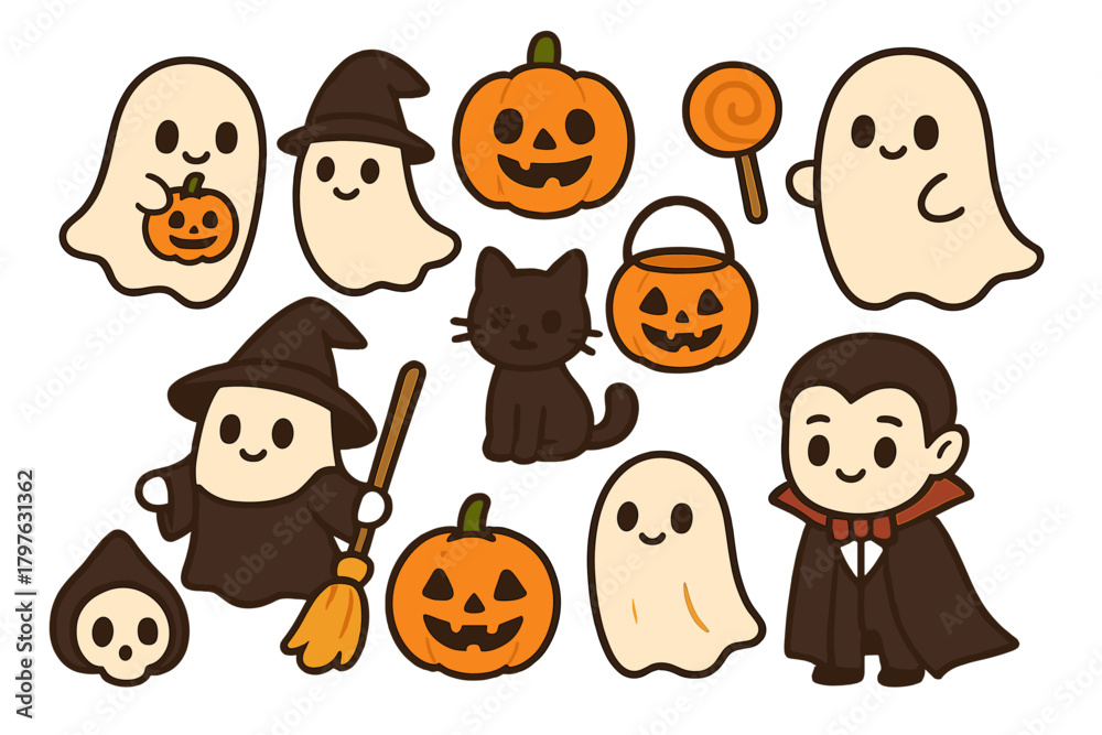 Naklejka premium Cute cartoon ghosts, jack-o'-lanterns, and classic monsters for Halloween holiday design