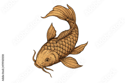 Intricate vintage ornamental koi fish swimming with detailed scales and fins