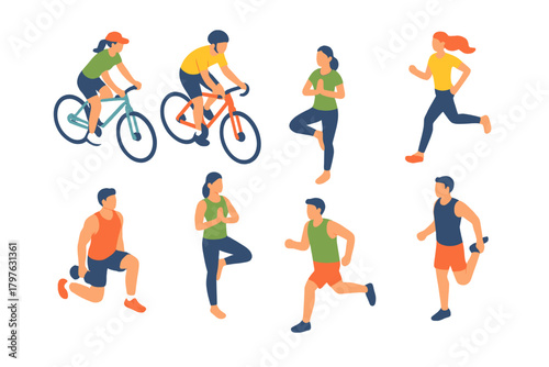 Diverse group of men and women engaged in different physical exercises and outdoor sports