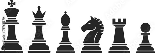 Black Chess Pieces Silhouette Set Isolated on White Background for Strategy, Game, Education, Icon Design and Vector Illustration