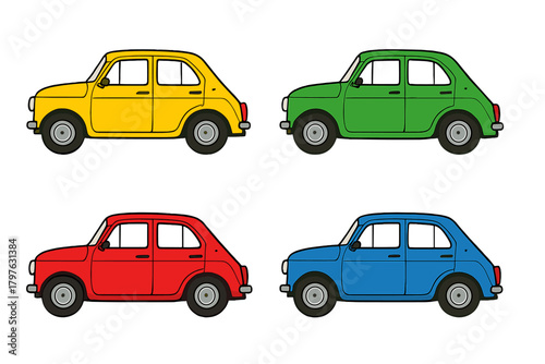 Collection of four colorful retro compact cars isolated on white background