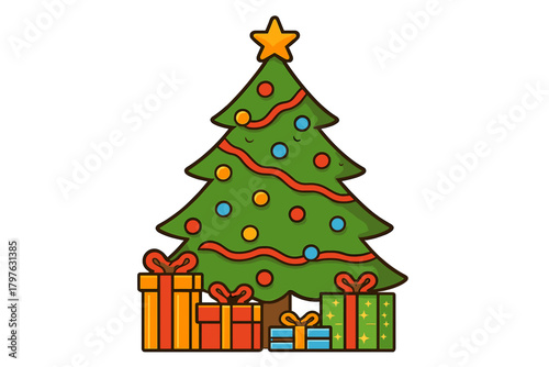 Colorful decorated Christmas tree with baubles, star topper, and wrapped presents underneath
