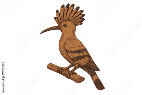 Detailed wooden carving of a Hoopoe bird with a prominent crest perched on a branch