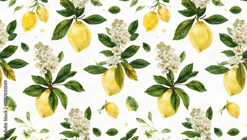 Naklejka premium Seamless pattern featuring lemon branches with flowers and green leaves, ideal for background design