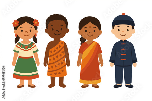 Four smiling children representing global diversity wearing traditional cultural clothing