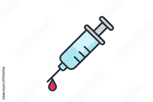 Hypodermic syringe filled with liquid showing a drop of blood hanging from the sharp needle tip