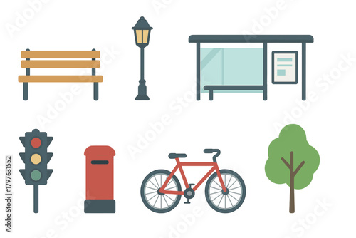 Urban and park infrastructure elements including street furniture, public transport, traffic signal, and bicycle