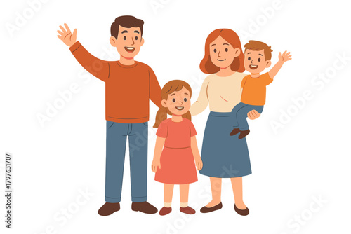 Cheerful parents and their two young children standing together and waving happily