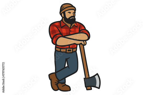 Bearded lumberjack standing confidently and leaning on a large wood cutting axe