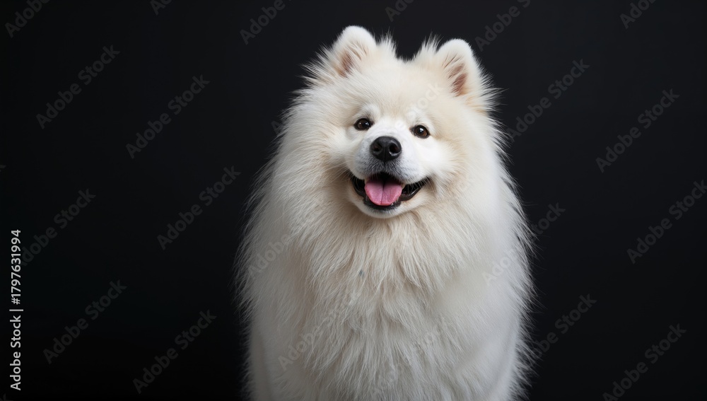 Fototapeta premium White Dog, Samoyed breed on dark backdrop, showcasing isolation