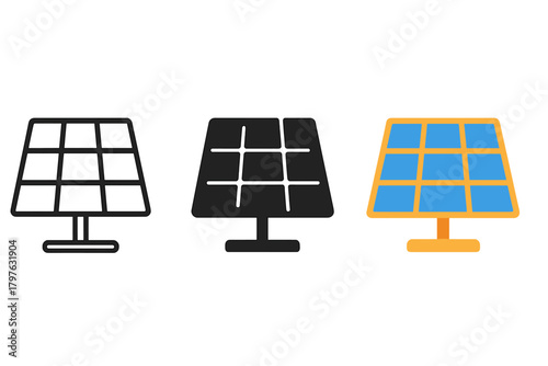 Three different colored solar panels are shown in a row. The panels are black, yellow, and blue
