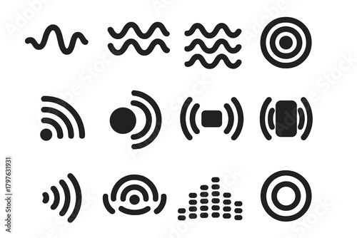 Solid Sound Wave Icons. Solid style icons of sound waves: single wave, double wave, triple wave, circular wave, radio waves, sonar
