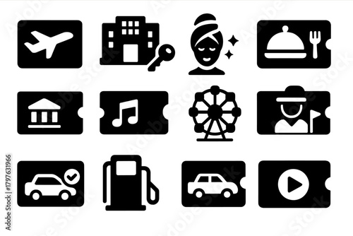 Travel Icon Collection. Solid style icons of travel and experiences: airline voucher, hotel gift card, spa day coupon, restaurant