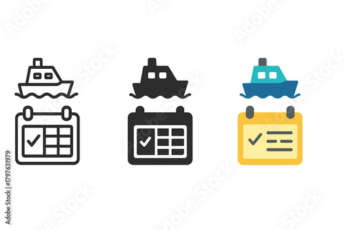 Three different images of boats on a white background. The first image is a boat on the water, the second is a boat on a dock, and the third is a boat on a calendar