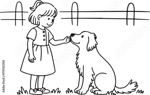 Girl Petting Dog Outline Fence Illustration Child Pet Affectionate Animal Lineart