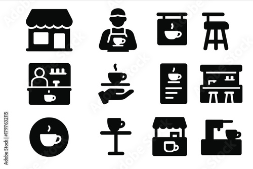 Coffee Shop Icons. Solid style icons of Coffee shop: café building, barista cup, coffee sign, takeaway counter, coffee tray, menu