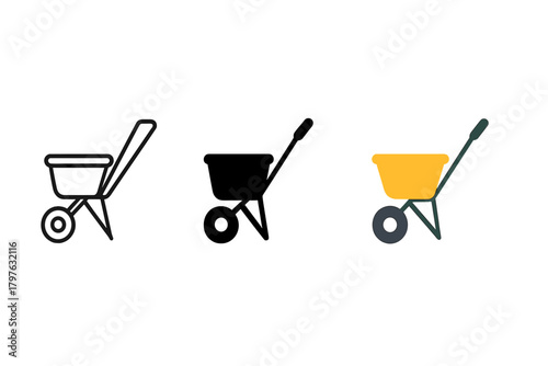 Three different types of wheelbarrows are shown in the image. The first is a black and yellow wheelbarrow, the second is a black and white wheelbarrow, and the third is a yellow wheelbarrow