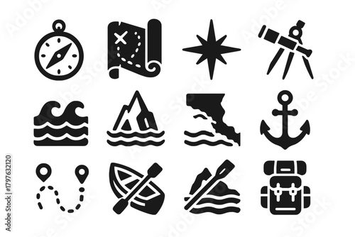 Nordic Exploration Icons. Solid style icons of Nordic exploration: compass, map scroll, North star, navigational tools, sea waves,