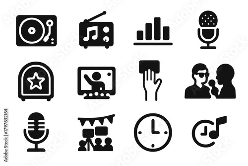 Entertainment Broadcasting Icons. Solid style icons of entertainment broadcasting: DJ turntable, club radio, party music wave,
