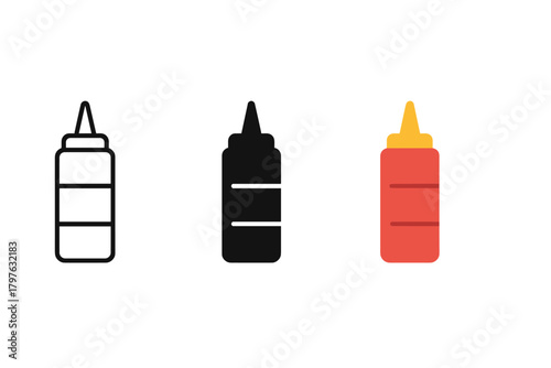 Three different colored hot sauce bottles are shown in a row. The bottles are black, red, and yellow