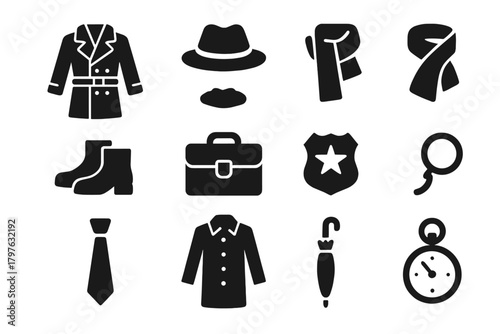 Detective Attire Icons. Solid style icons of Detective attire: trench coat, fedora hat, gloves, scarf, boots, briefcase, badge,