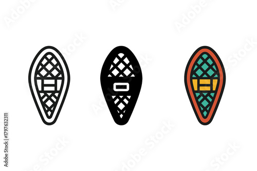 Three different colored snowshoe designs. The first is black and white, the second is red and green, and the third is blue and yellow
