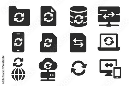 Data Sync Icons. Solid style icons of Data sync: folder arrows, file arrows, sync database, arrows on server, phone to cloud,