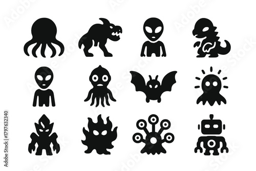 Diverse Space Creatures. Solid style icons of space creatures: tentacle monster, alien beast, insectoid alien, reptilian creature,