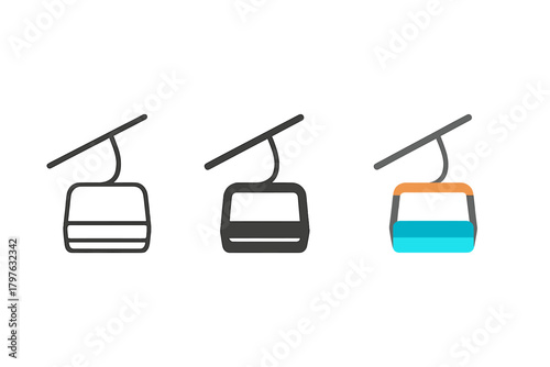 Three different colored ski lifts are shown in a row. The first lift is blue, the second is black, and the third is orange
