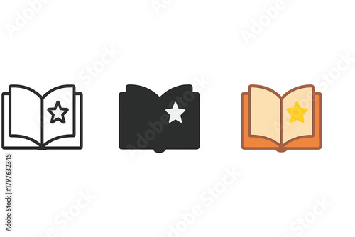 Three different book covers with stars on them. The first book cover is black and white, the second is black and yellow, and the third is black and orange